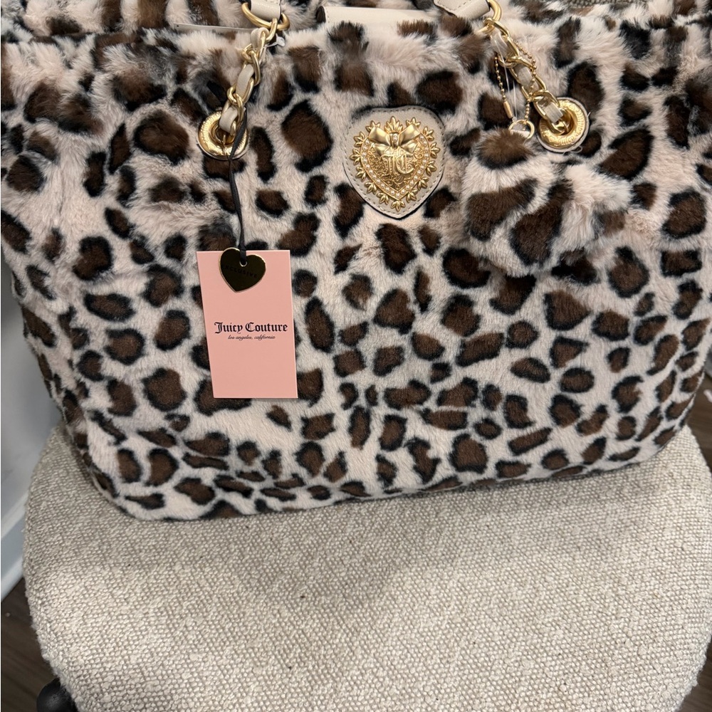 Juicy Couture Faux Fur snow Leopard Tote with Gold Accents